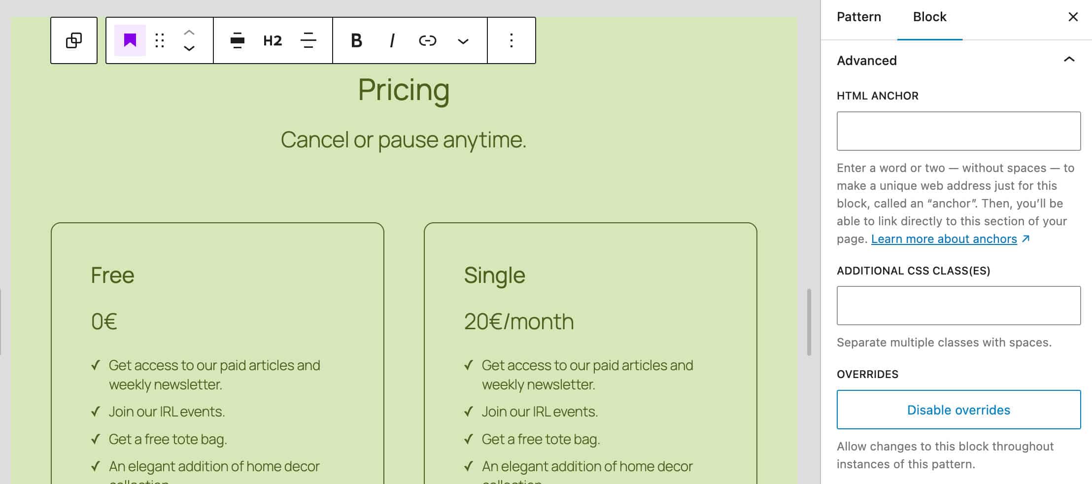 パターンの上書きを有効にした後は無効化することも可能