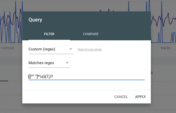 Filtro regex do Google Search Console para palavras-chave de cauda longa.