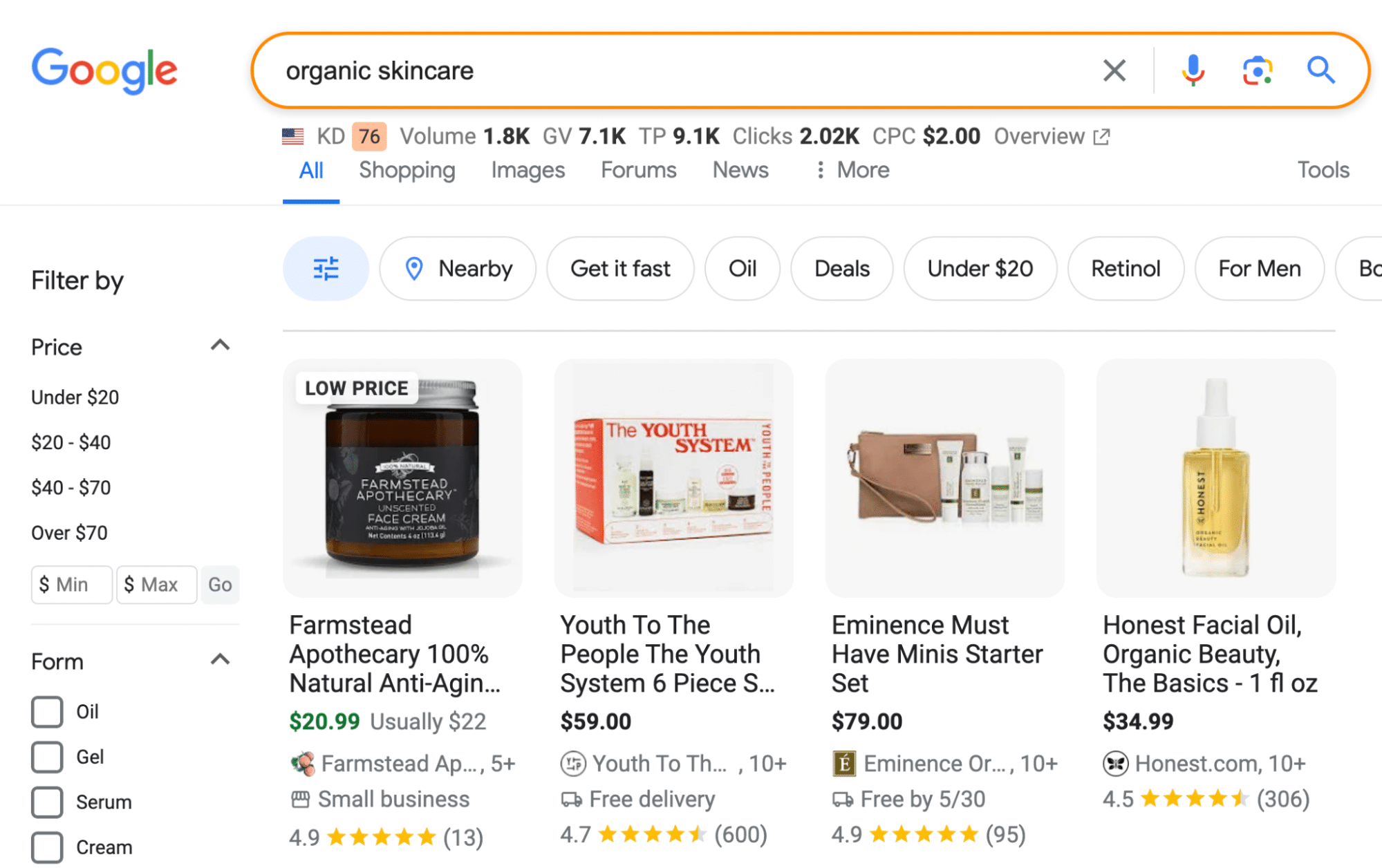 SERP do Google para Skincare orgânico.