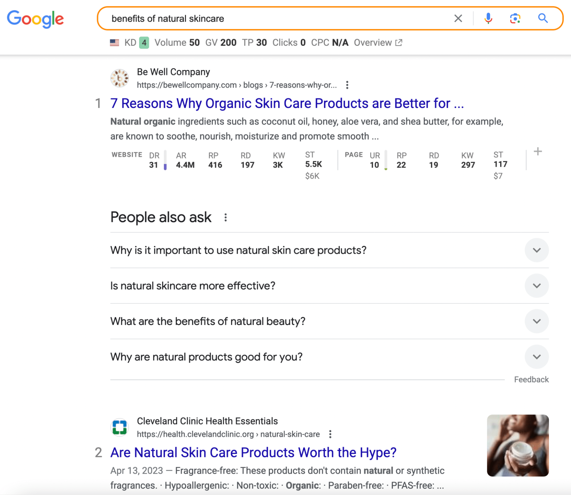 SERP do Google para Benefícios do Skincare Natural