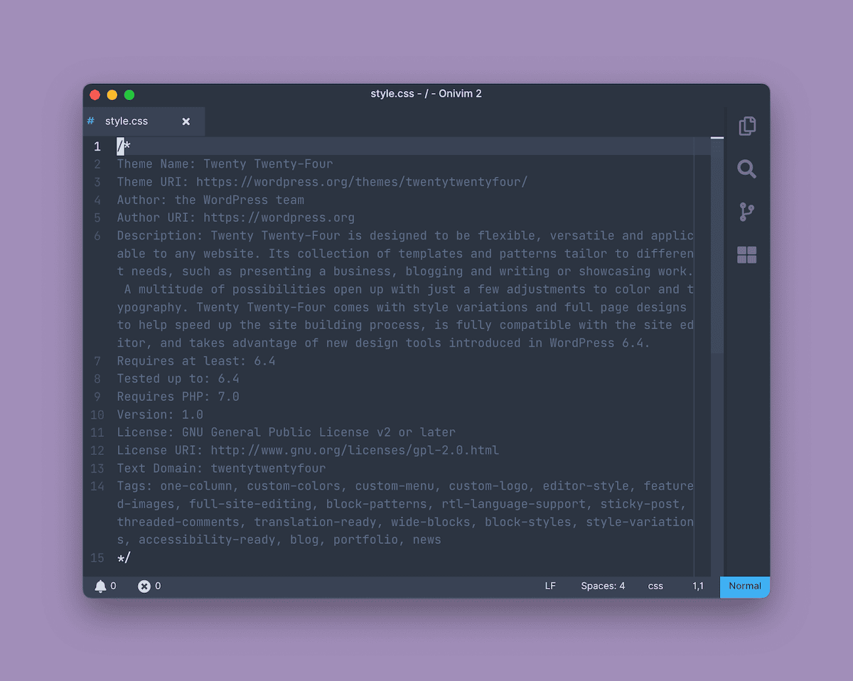 A code editor window displaying the style.css file for the WordPress Twenty Twenty-Four theme. The window has a dark background with light text showing theme information such as the name, author, description, and various theme features and tags.