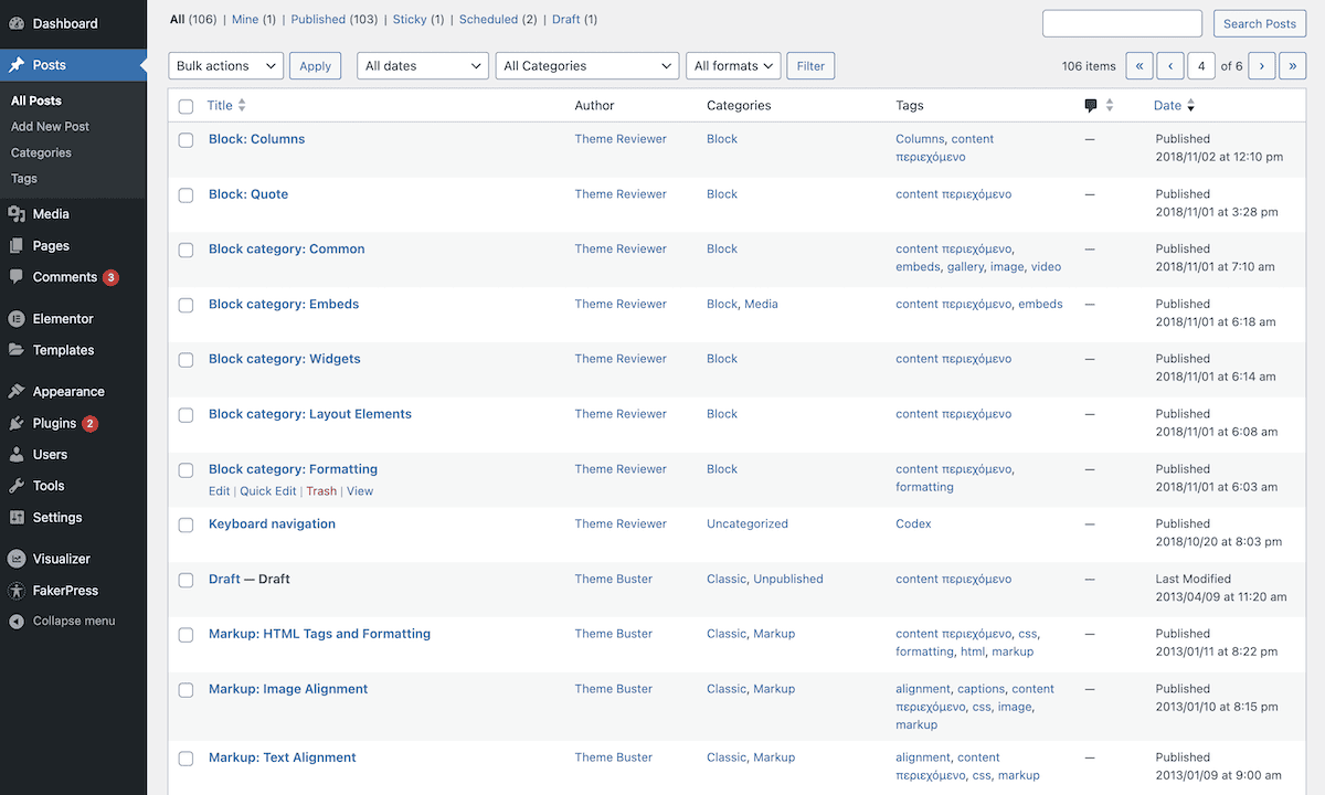 The WordPress dashboard showing the Posts screen. The interface displays a table listing various blog posts with columns for title, author, categories, tags, and publication date. The sidebar on the left-hand side shows the various navigation options for the WordPress admin area.