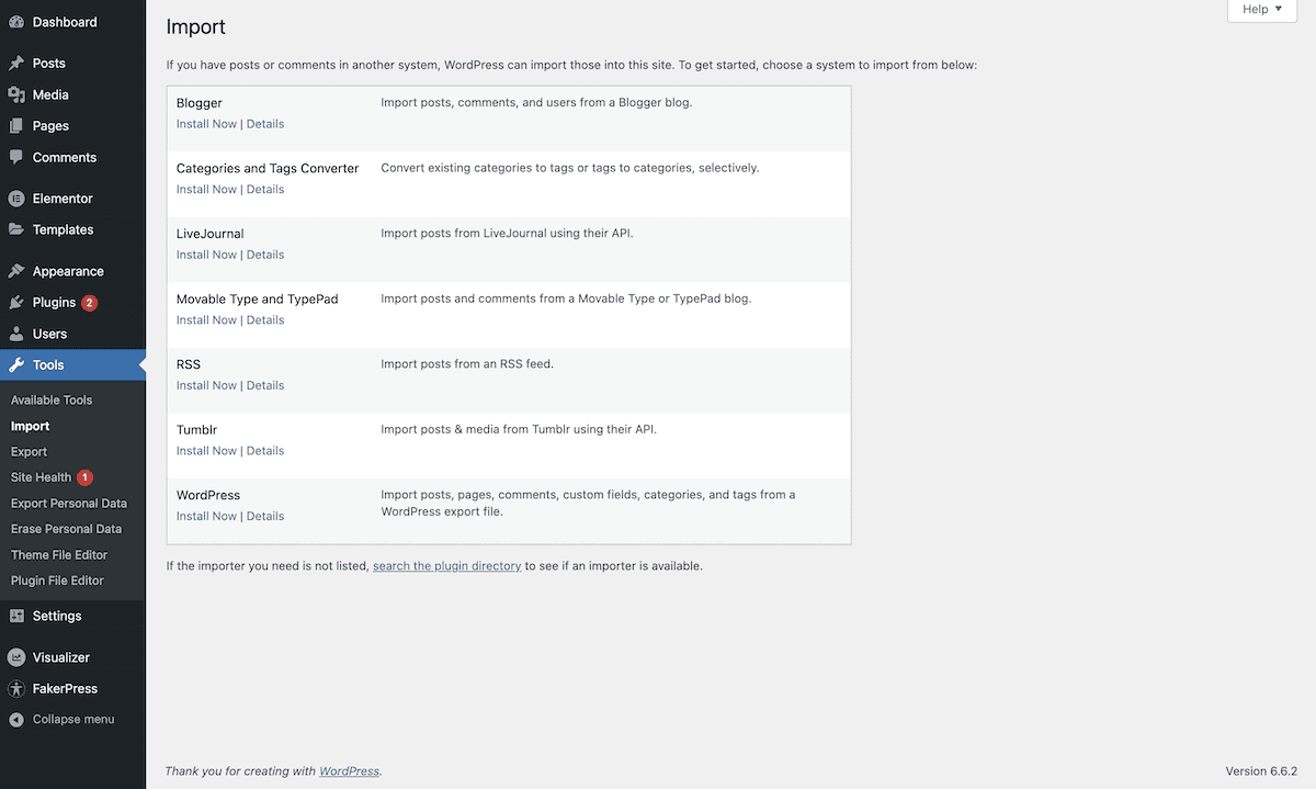 The WordPress Import options page. The left-hand sidebar shows various menu items such as Dashboard, Posts, Media, and Tools. The main content area displays a list of different platforms from which users can import content, including Blogger, LiveJournal, Movable Type, RSS, Tumblr, and WordPress itself. Each option has Install Now and Details links next to it.