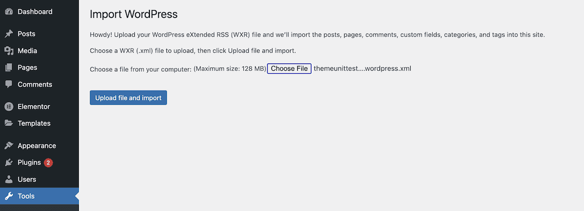The Import WordPress page specifically for importing WordPress content. It shows instructions to upload a WordPress eXtended RSS (WXR) file. There's a Choose File button to select the file, with a maximum upload size of 128 MB. Below is a blue Upload button.