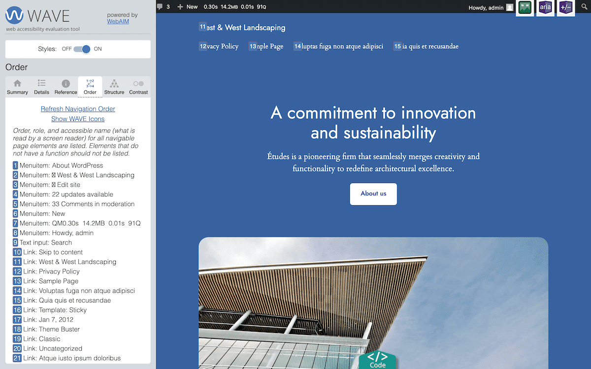 The WAVE web accessibility evaluation tool interface for a WordPress website. The left-hand panel shows accessibility information, with the Order tab selected. It lists page elements in reading order. The right-hand panel displays the website's homepage.