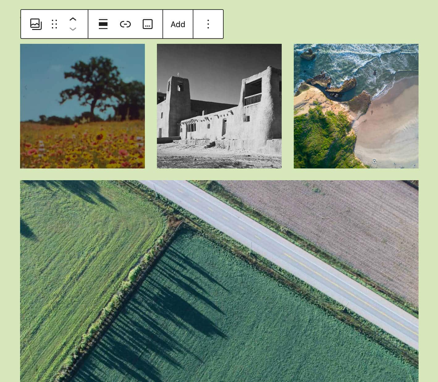 Een Gallery blok gegenereerd door meerdere afbeeldingen op een Image blok te slepen