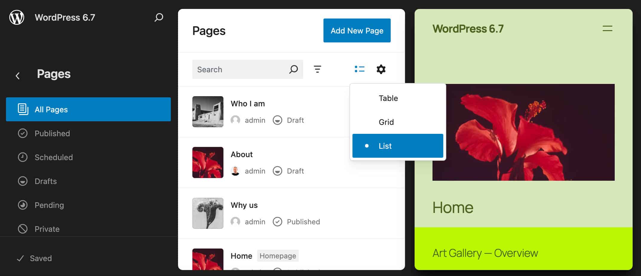 Lijst met lay-outs in WordPress 6.7