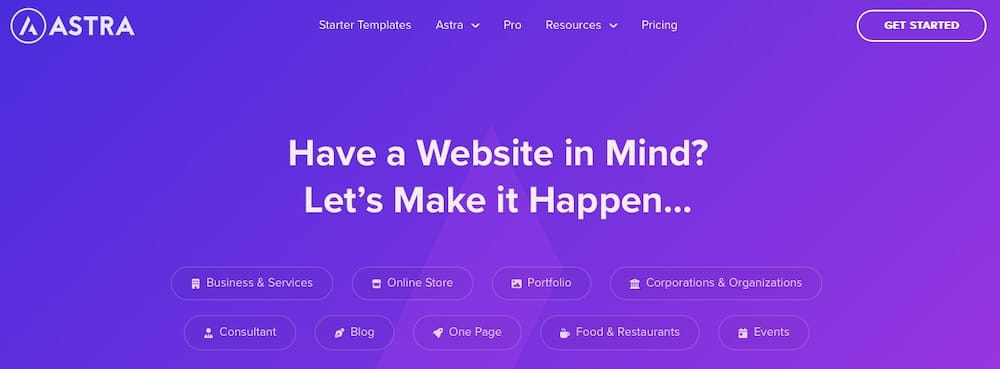 Una schermata del sito web del tema Astra.