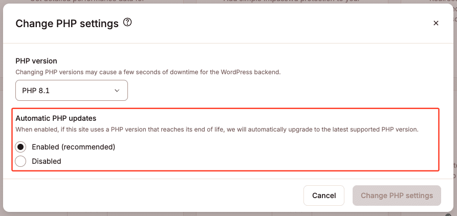 Opção de ativar ou desativar atualizações automáticas de PHP