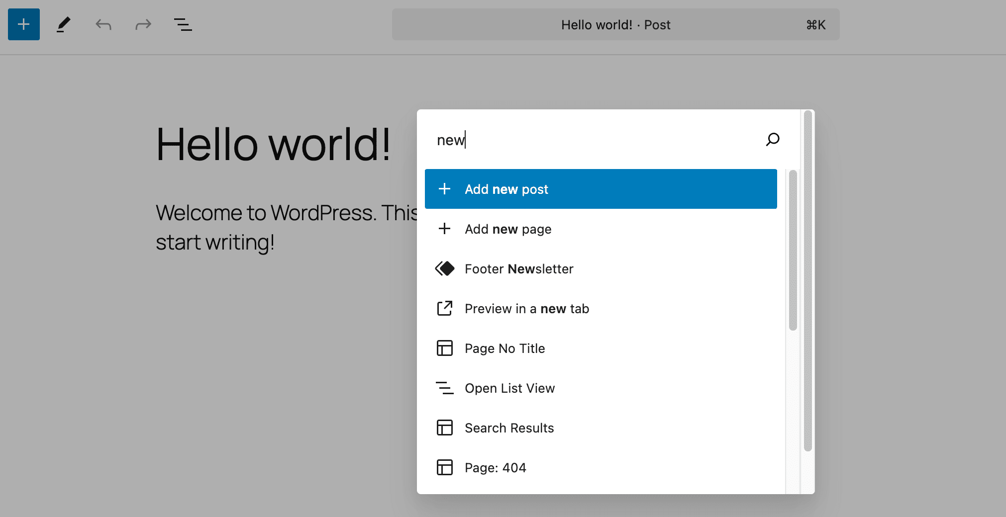 Screenshot of the WordPress Command Palette showing the entries for creating posts and pages.