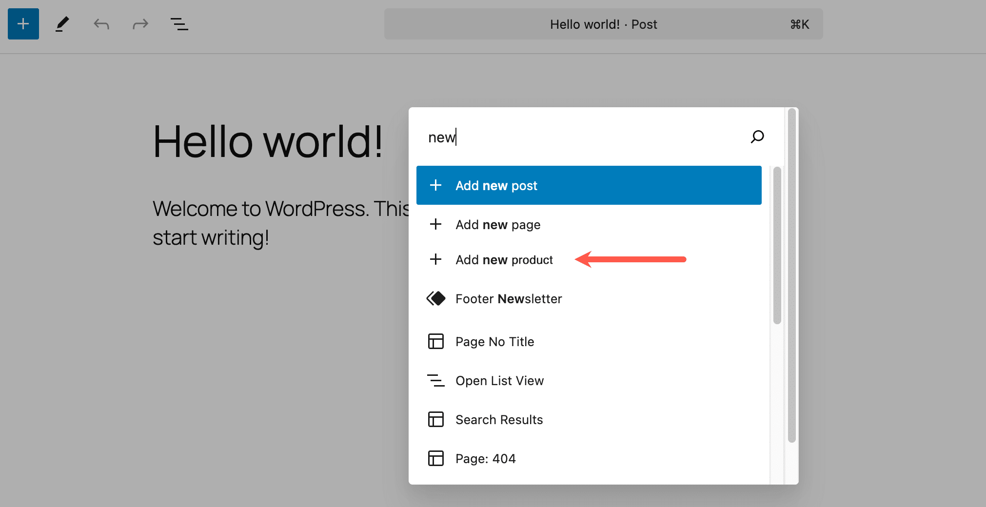 A screenshot of the WordPress Command Palette showing that Add new product has been added.