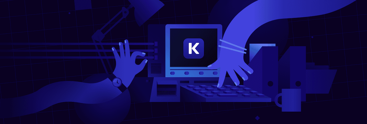Das Logo auf der DevKinsta-Homepage zeigt eine dunkelblaue monochrome Illustration mit Händen, die auf einen Computer zeigen, auf dem der Buchstabe „K“ zu sehen ist. Die Szene ist in einem minimalistischen Stil mit fließenden Kurven und geometrischen Formen dargestellt.