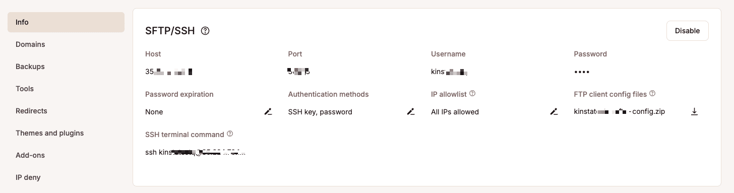 Détails STFP/SSH de MyKinsta.