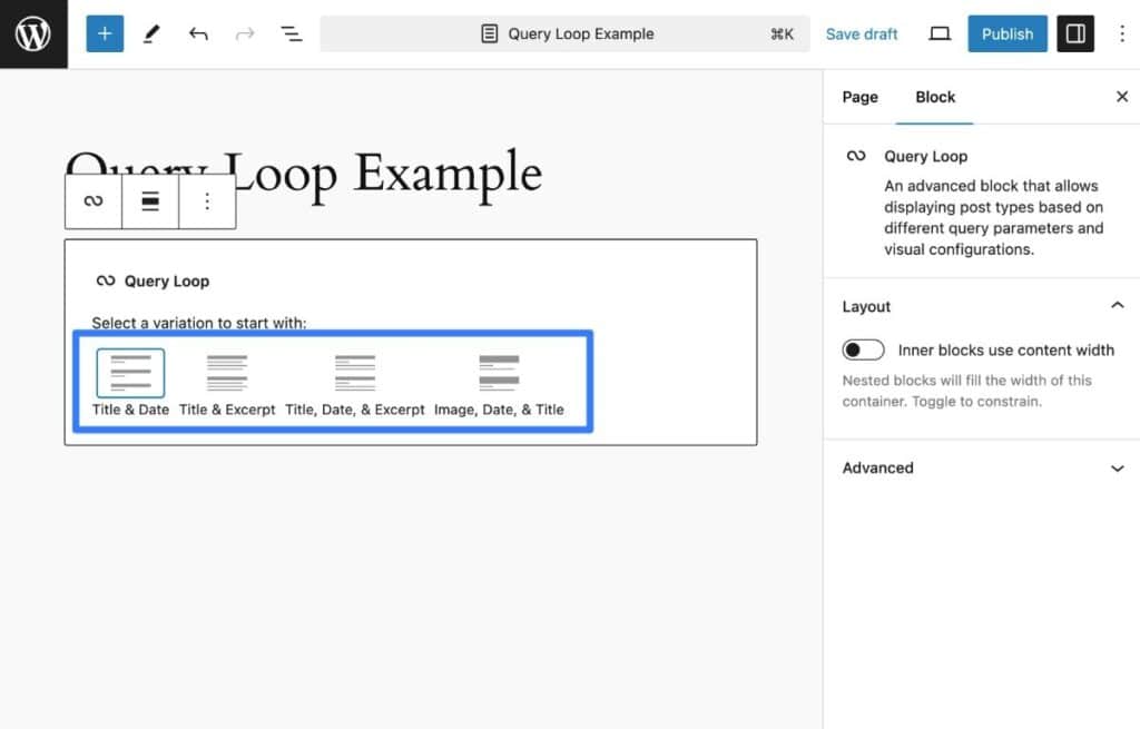 Você pode escolher a variação inicial para o loop utilizando as opções nas configurações do bloco.