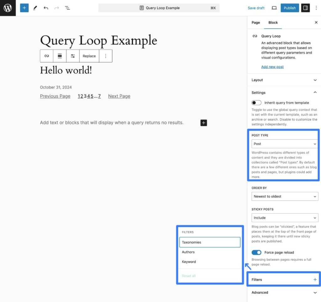 Você pode personalizar a consulta utilizando as opções na barra lateral de configurações do bloco.