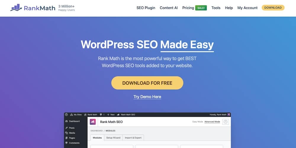 Lo screenshot del sito di Rank Math.