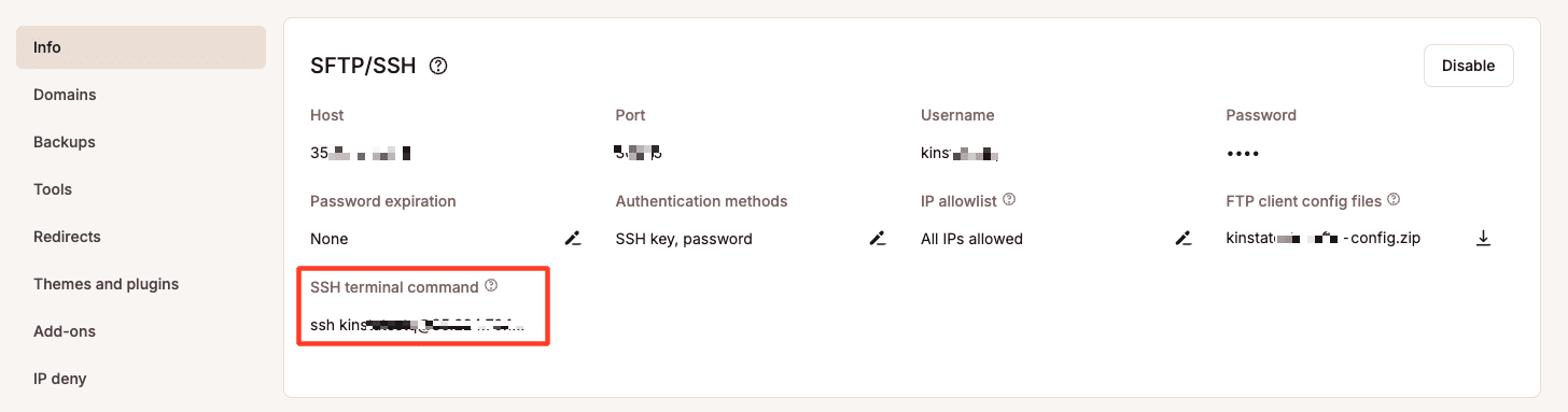 Commande de terminal SSH de MyKinsta.