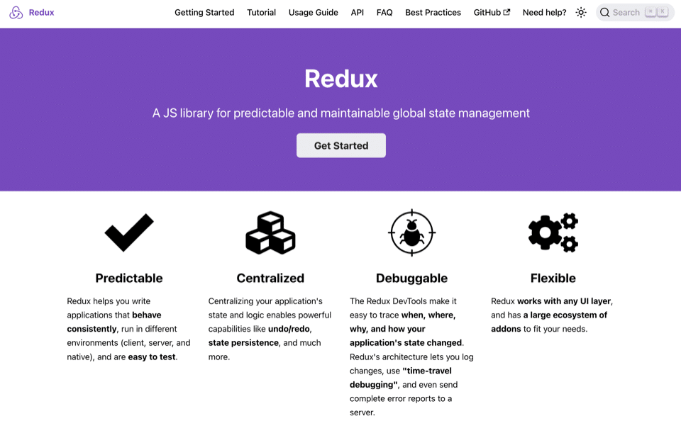 La homepage di Redux, caratterizzata da una sezione di intestazione viola contenente il logo e il titolo di Redux, oltre a una tagline e al pulsante Get Started. Al di sotto di questa sono presenti quattro sezioni di funzionalità chiave con icone. Ogni sezione comprende un testo descrittivo che spiega le funzionalità di Redux per la gestione dello stato delle applicazioni, gli strumenti di debug e la compatibilità con l'ecosistema. La barra di navigazione superiore contiene collegamenti a varie altre pagine del sito e alla funzionalità di ricerca.