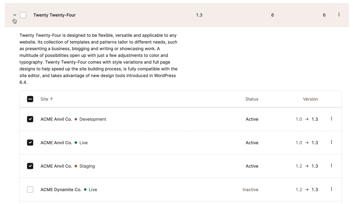 Captura de pantalla que muestra una vista ampliada del diálogo de gestión de temas de WordPress en MyKinsta.
