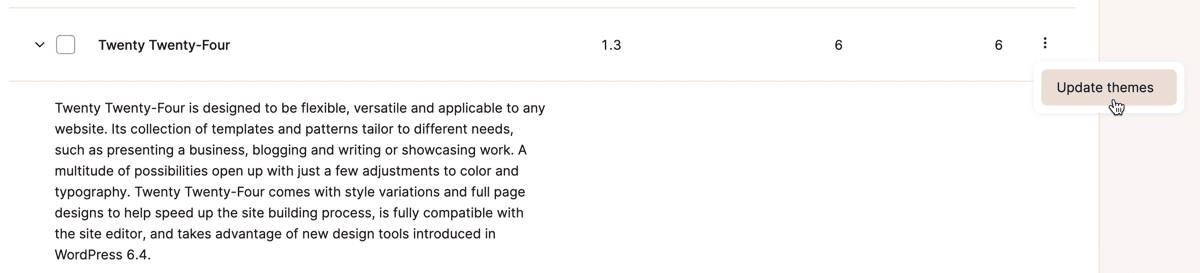 Captura de pantalla que muestra el cuadro de diálogo de gestión de temas de WordPress en MyKinsta con el menú de tres puntos activado junto al nombre de un tema.