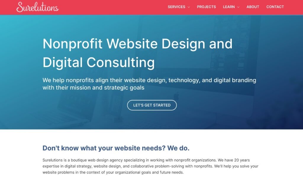 Exemplo da Surelutions se posicionando como agência para organizações sem fins lucrativos.