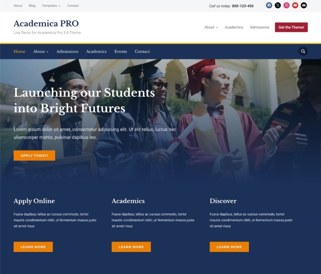 Le site de démarrage alimenté par Elementor pour le thème Academica Pro.