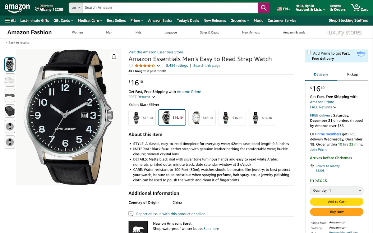 Een Amazon productpagina met een Amazon Essentials herenhorloge met gemakkelijk afleesbaar bandje. De pagina toont bezorgopties voor Albany 12208.