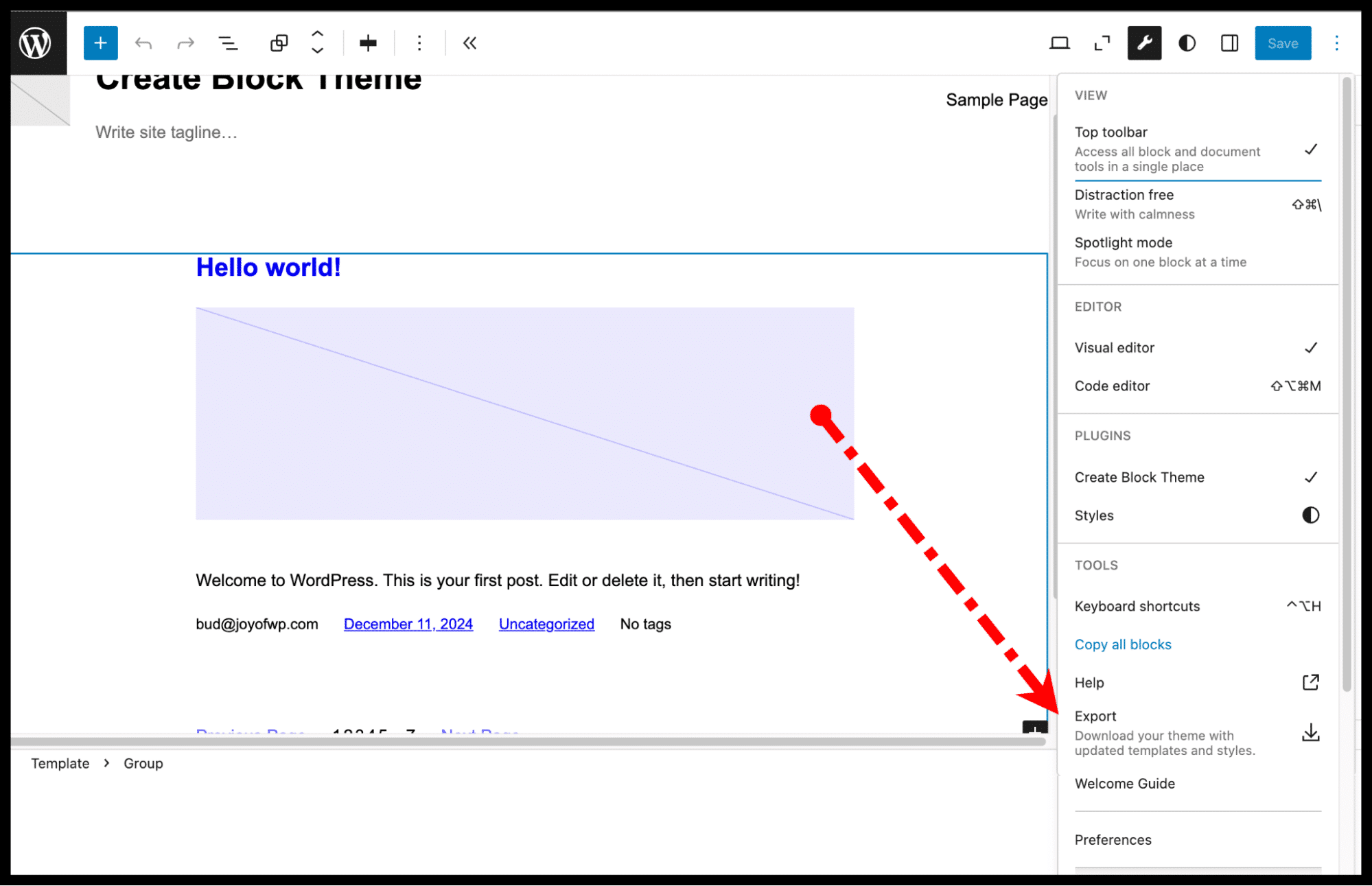 Fornecimento de um nome e metadados para um tema em branco.