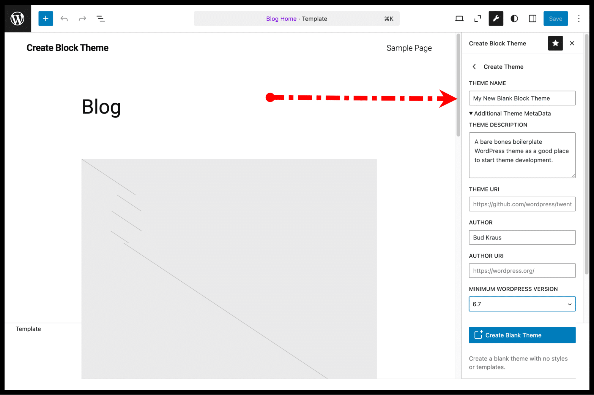 Fornecendo um nome e metadados para um tema em branco.