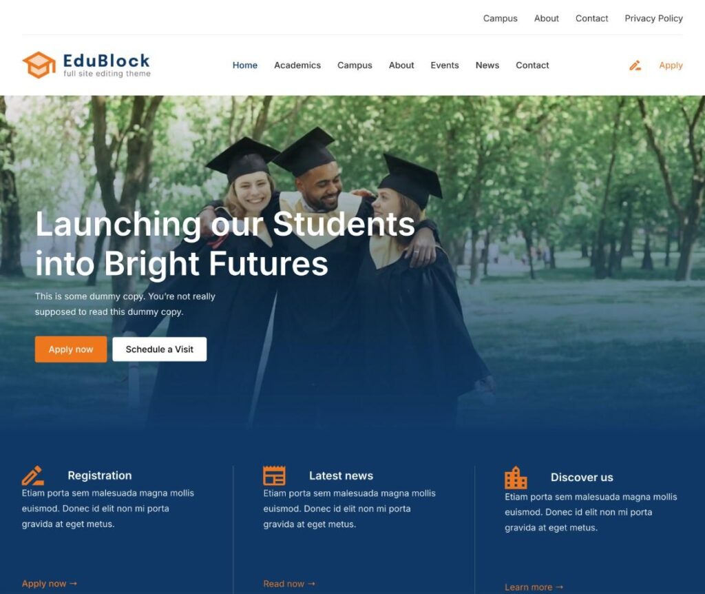 Le site de démarrage du thème universitaire EduBlock Pro.