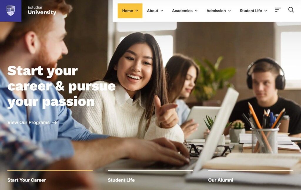 L'une des deux pages d'accueil du thème universitaire Estudiar.