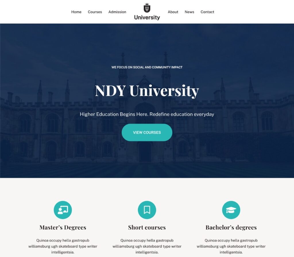 Le site de démarrage University du thème Neve.