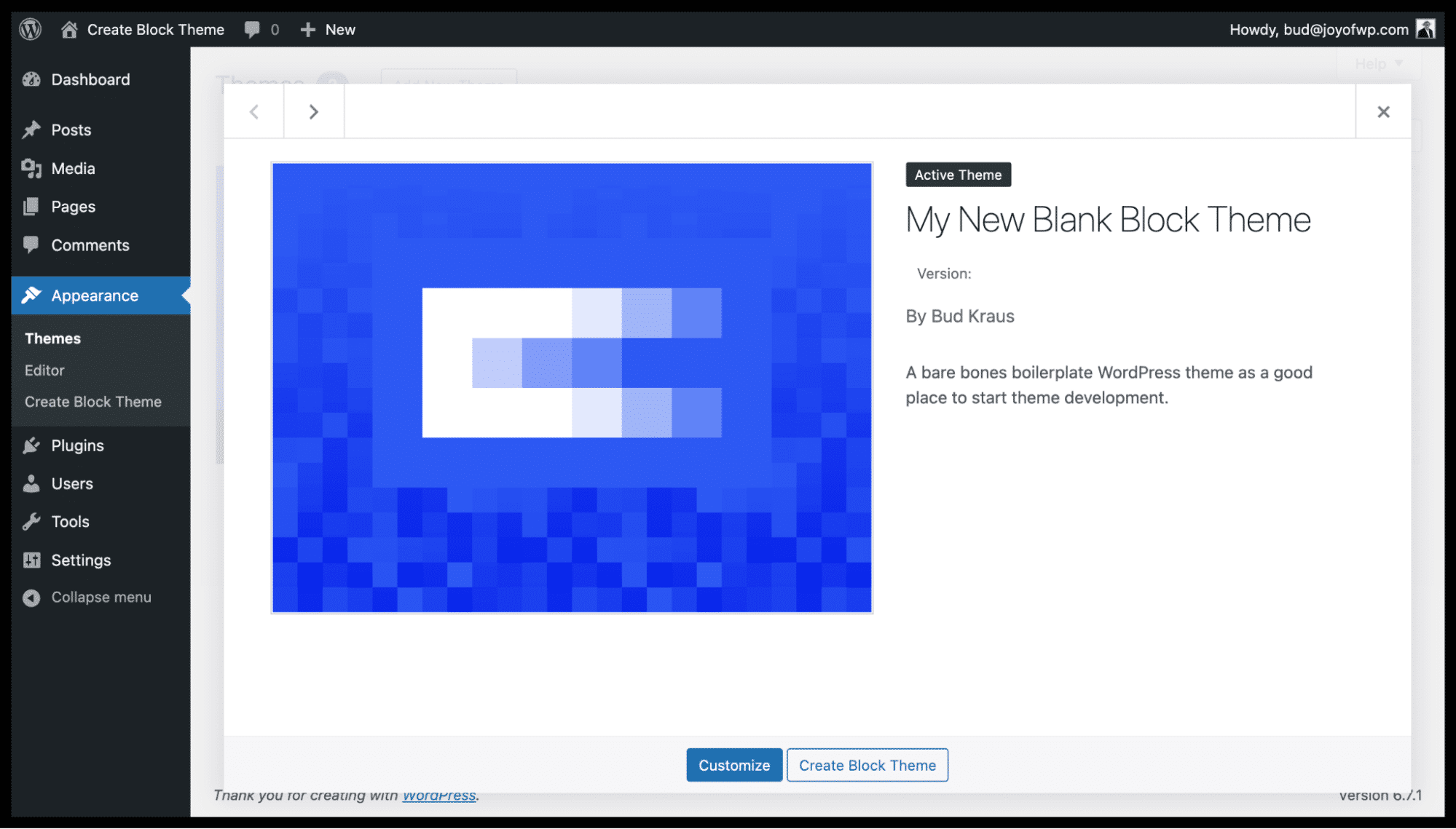 O tema em branco mostrado na seção Appearance.