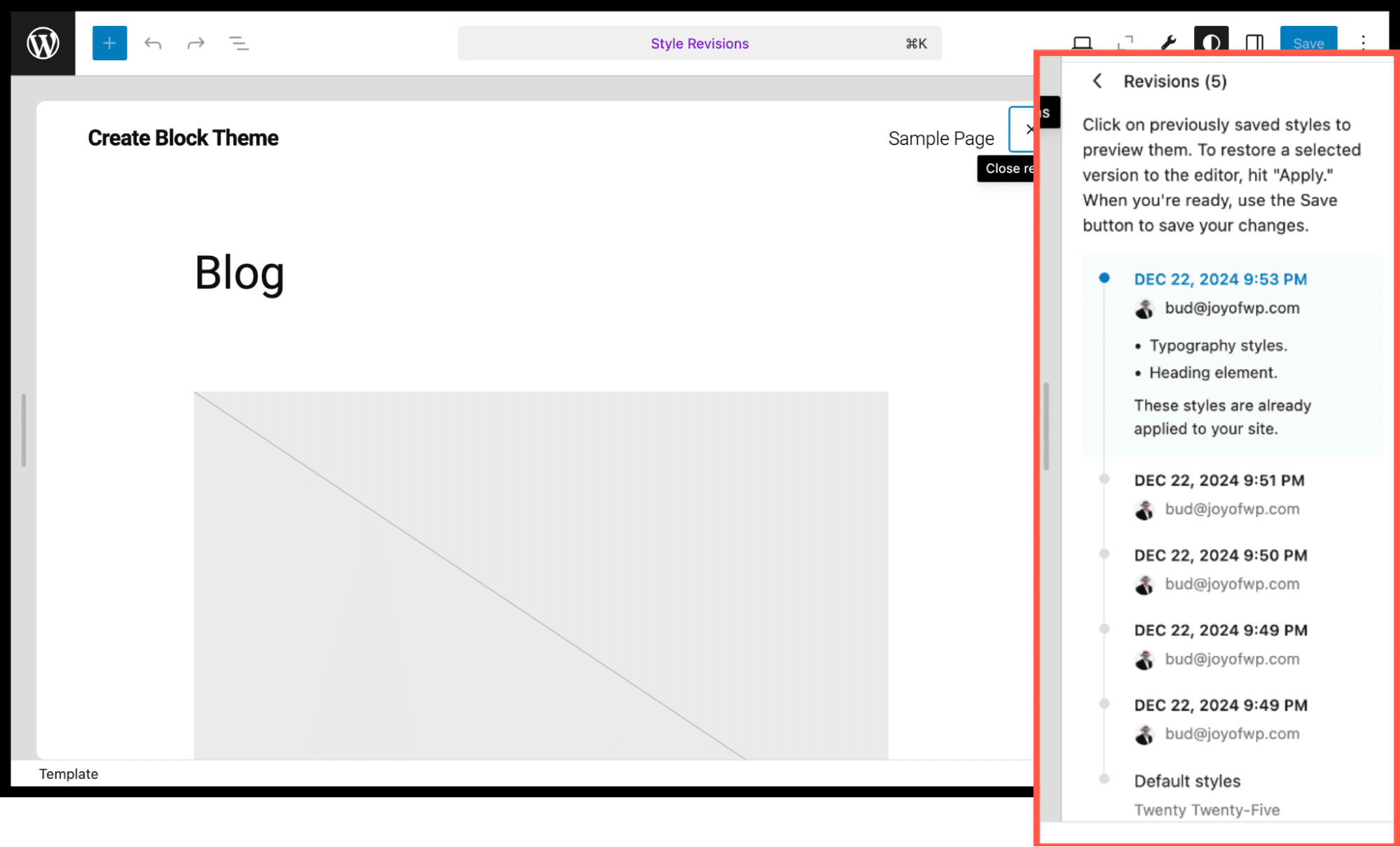Função de revisões do WordPress.