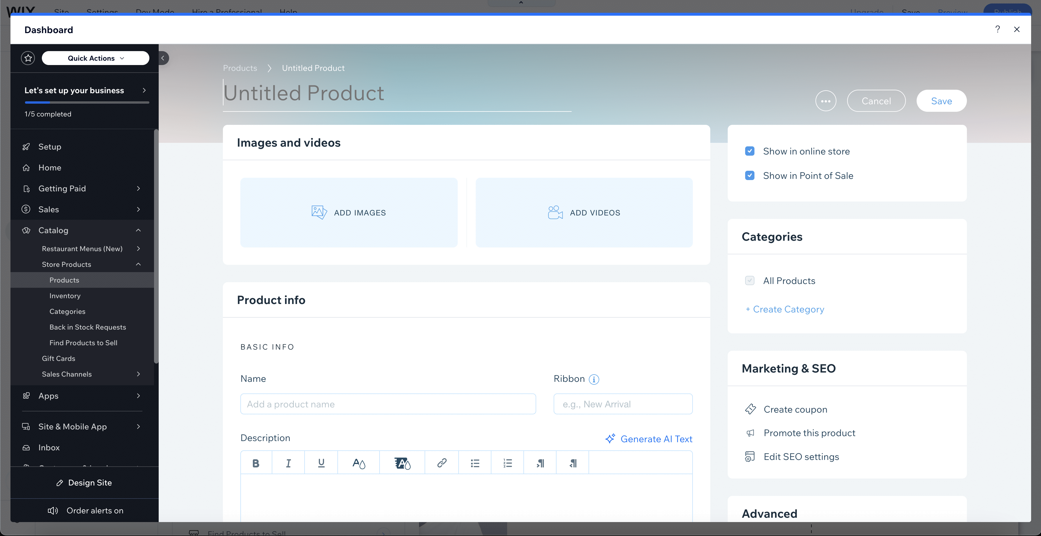Gerenciamento de produtos de eCommerce no Wix.