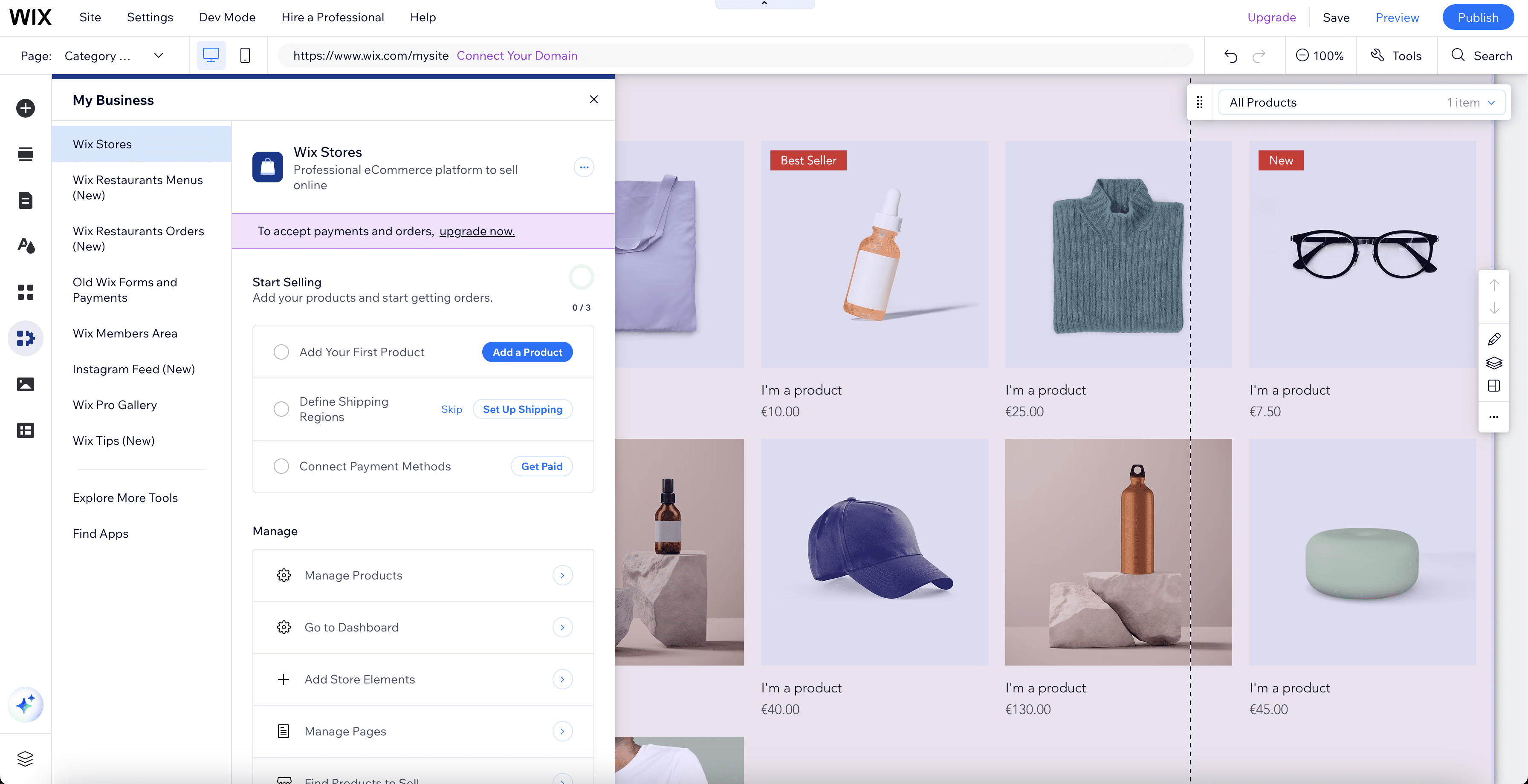 Gerenciamento de loja virtual no Wix.