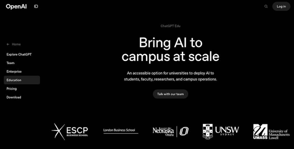 Een screenshot van de ChatGPT Edu website.
