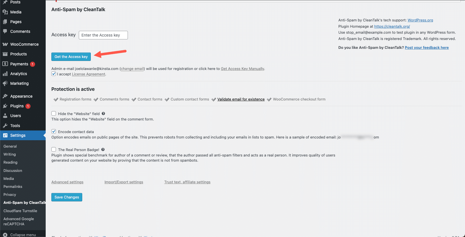 De CleanTalk Access key invoeren om de spambeveiliging te activeren.
