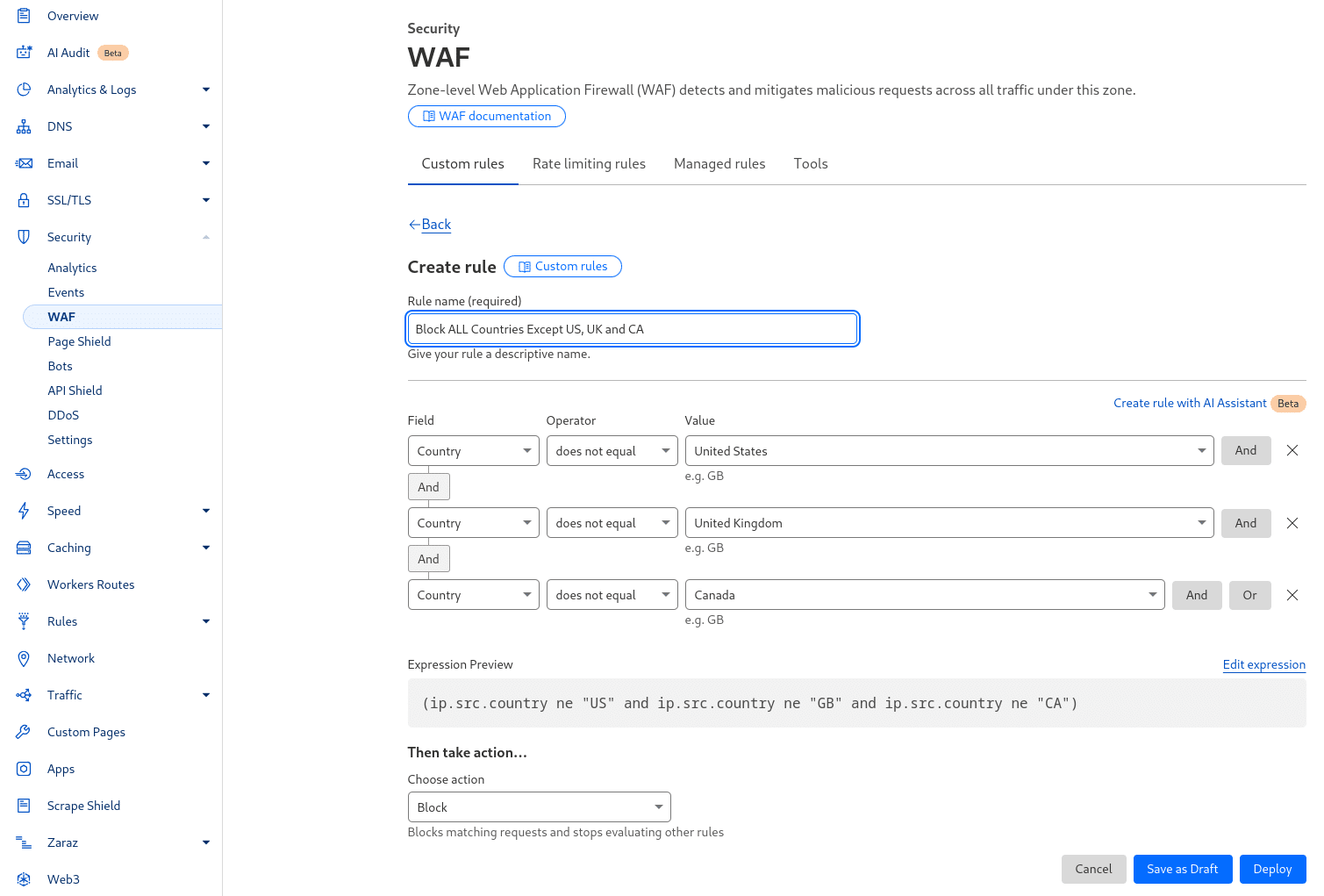 Landen met een hoog risico blokkeren in de Cloudflare WAF instellingen.