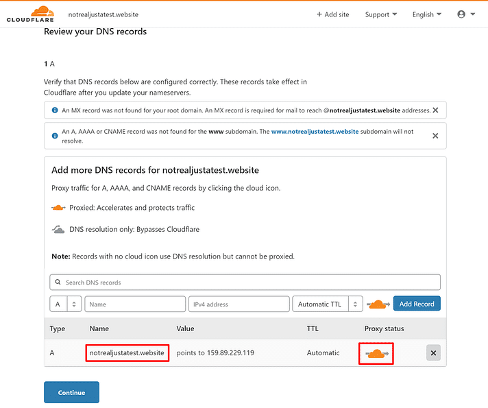 Verifying DNS records in Cloudflare before proceeding.