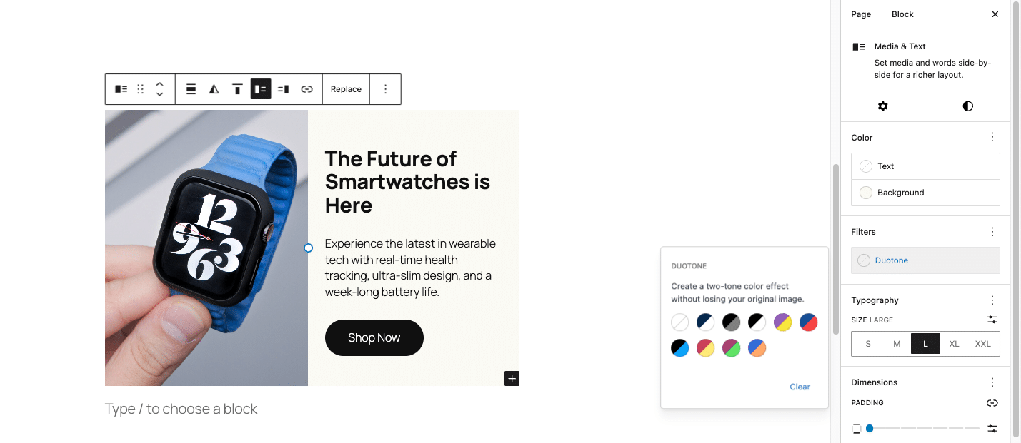 Duotone filter ingeschakeld voor het Media & Text blok.