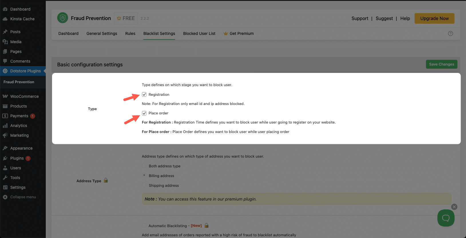 Zwarte lijst regels instellen in Fraudepreventie voor WooCommerce.