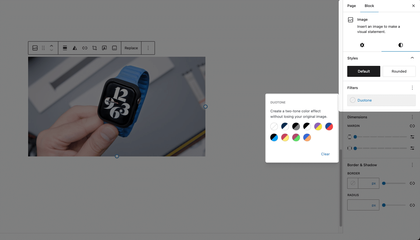 WordPress Image blok met Duotone filter.