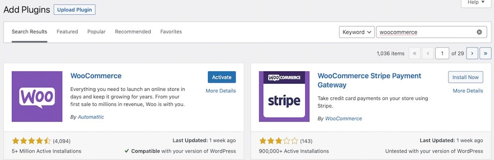Installing the WooCommerce plugin within the WordPress Admin dashboard.