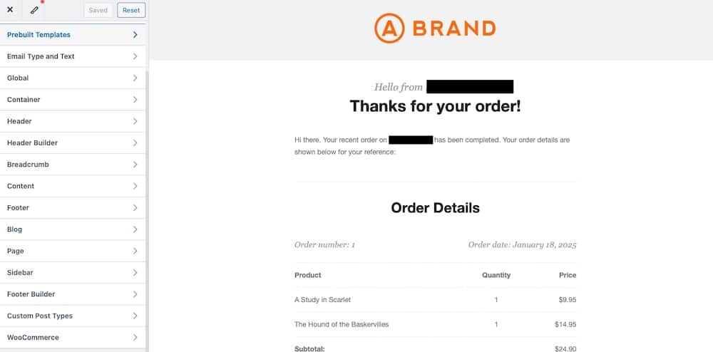 Schermata del selezionatore di modelli all'interno del plugin Kadence WooCommerce Email Designer.