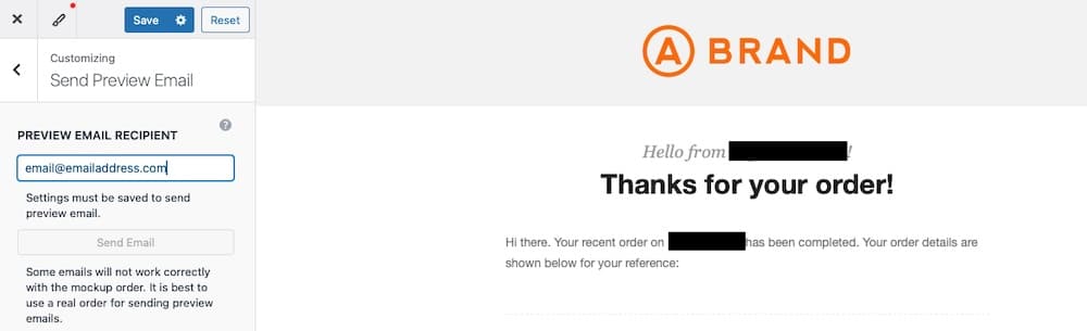 Schermata dell'interfaccia per l'anteprima delle e-mail e l'invio di un test nel plugin Kadence WooCommerce Email Designer.