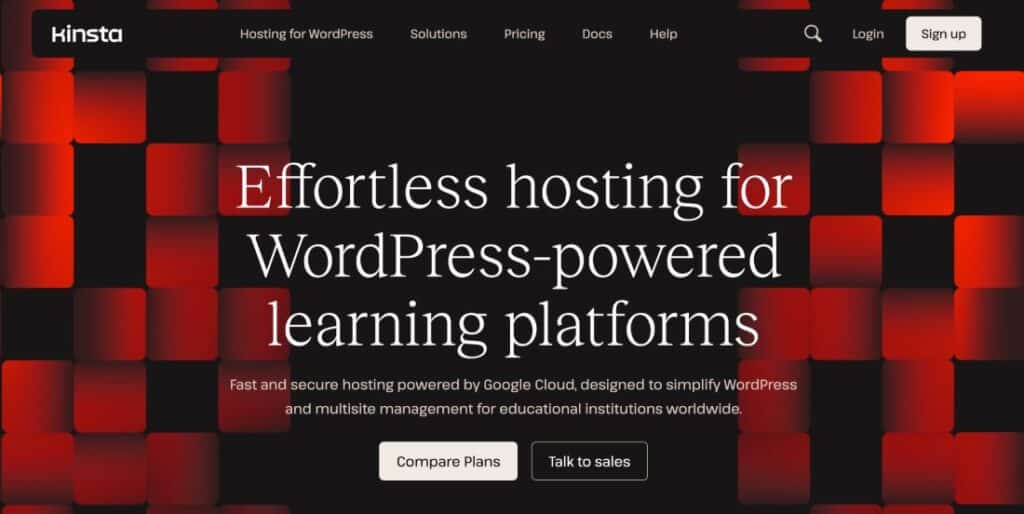 Immagine della pagina di atterraggio dei piani di hosting WordPress per l'istruzione di Kinsta
