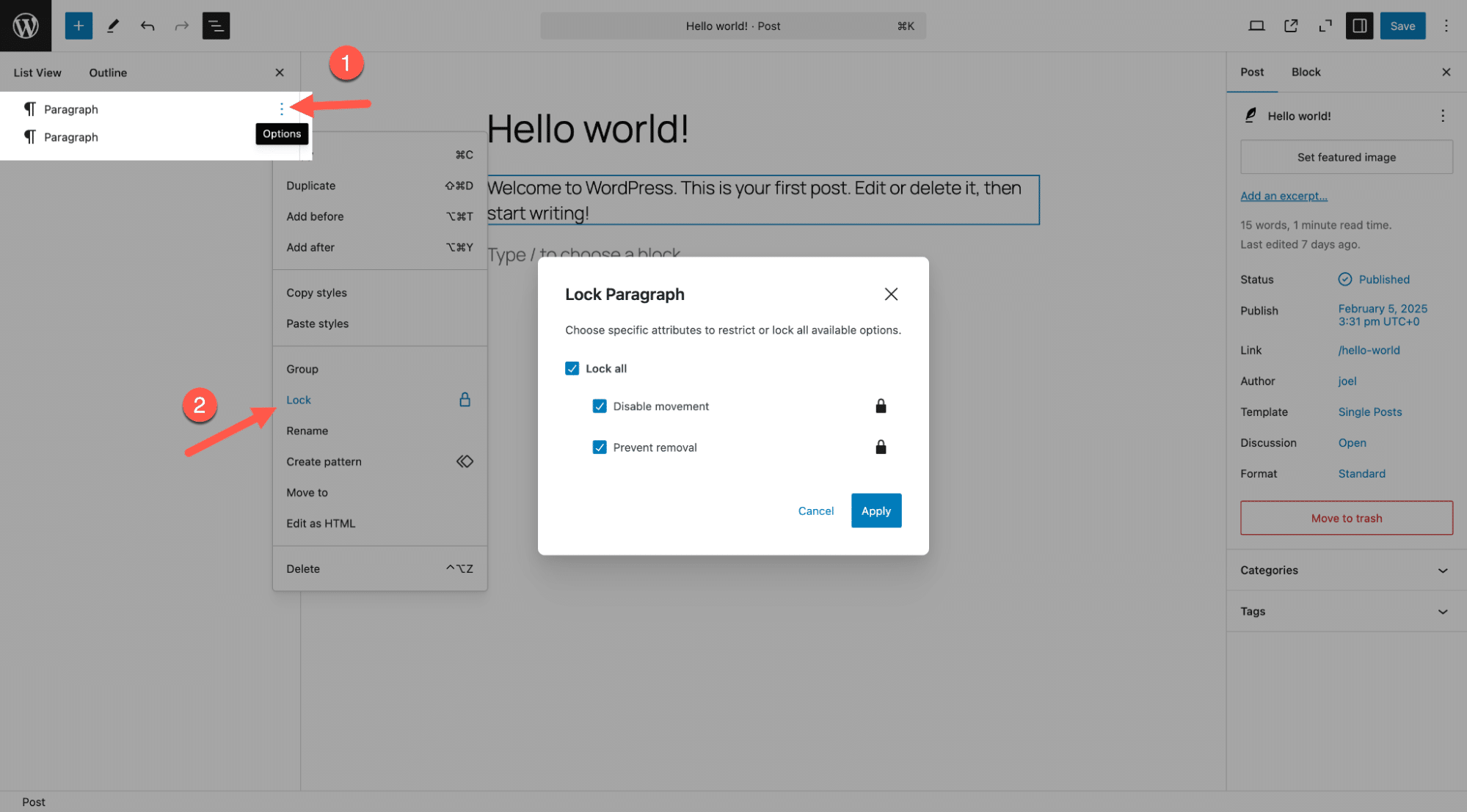 Opções de bloqueio modal para um único bloco.