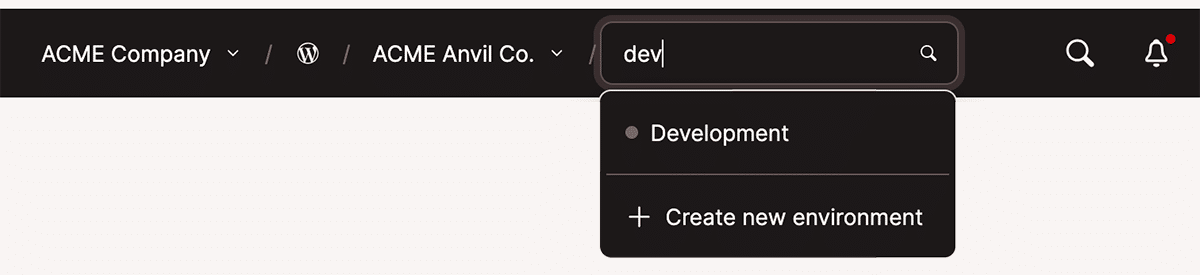 Screenshot of the MyKinsta top menu with the Environments drop-down activated and a search started.