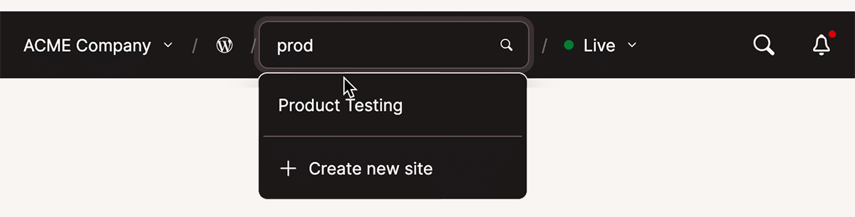 Screenshot of the MyKinsta top menu with the Websites drop-down activated and a search started.